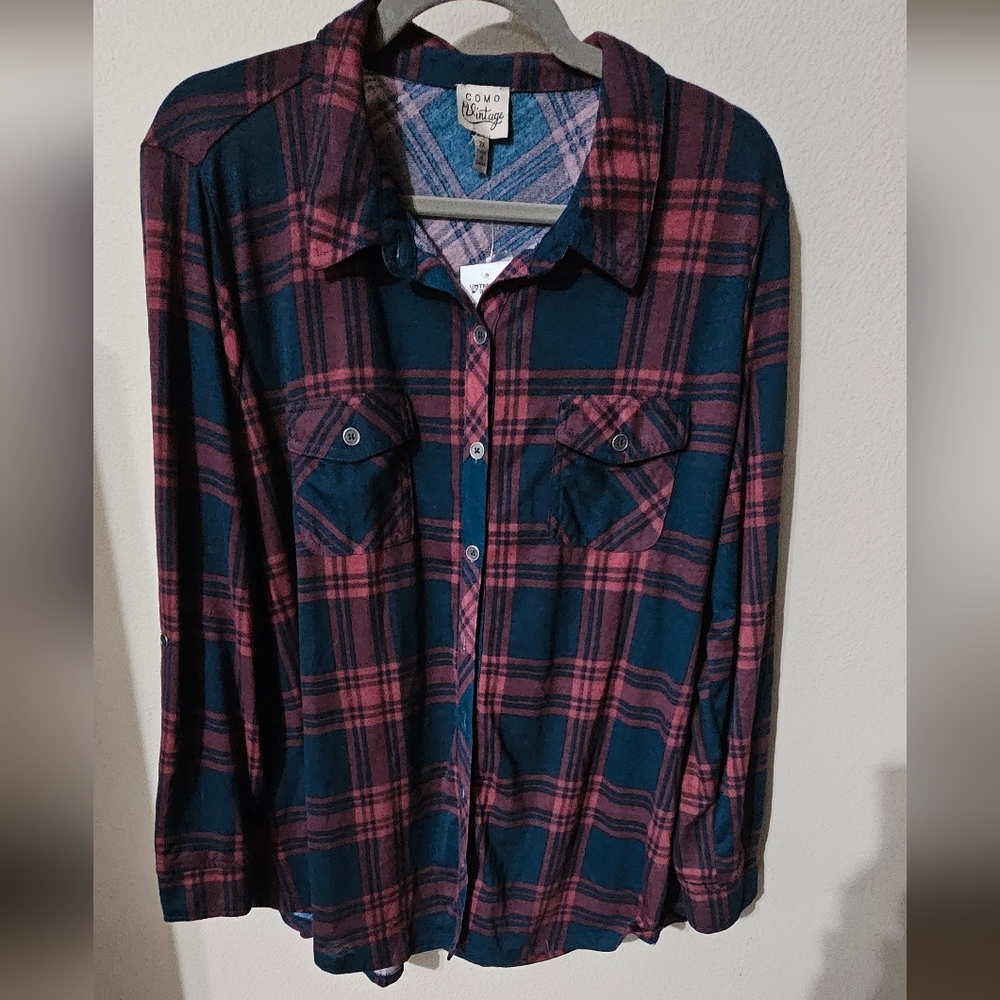 Como Vintage Women's Plaid Button Down Shirt - Red and Blue